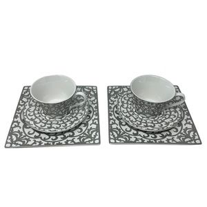 222 Fifth Casbah Silver Porcelain Desert Plate Large Teacup Saucer set of 2